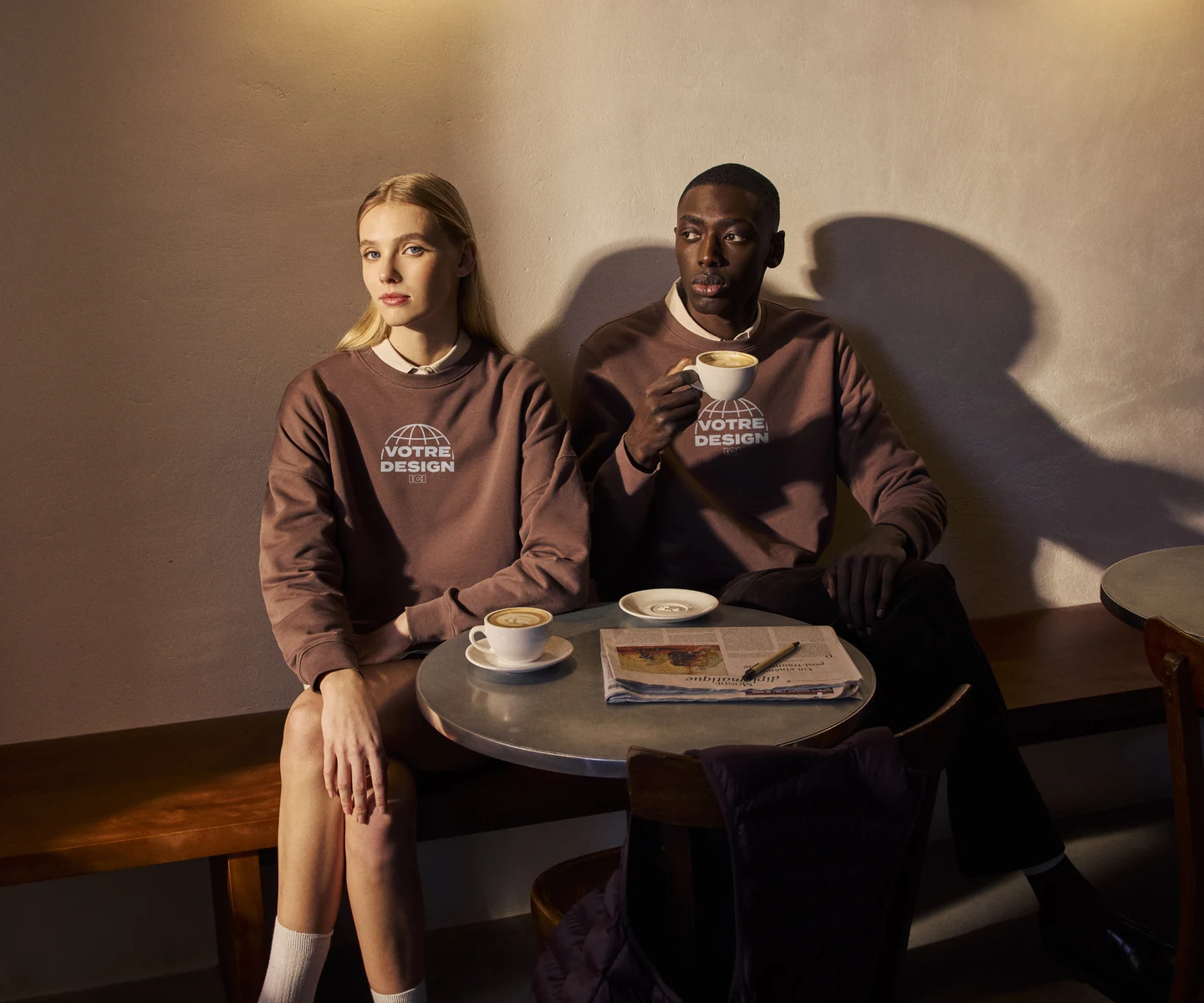 Deux personnes portant des sweats personnalisés marron, attablées dans un café